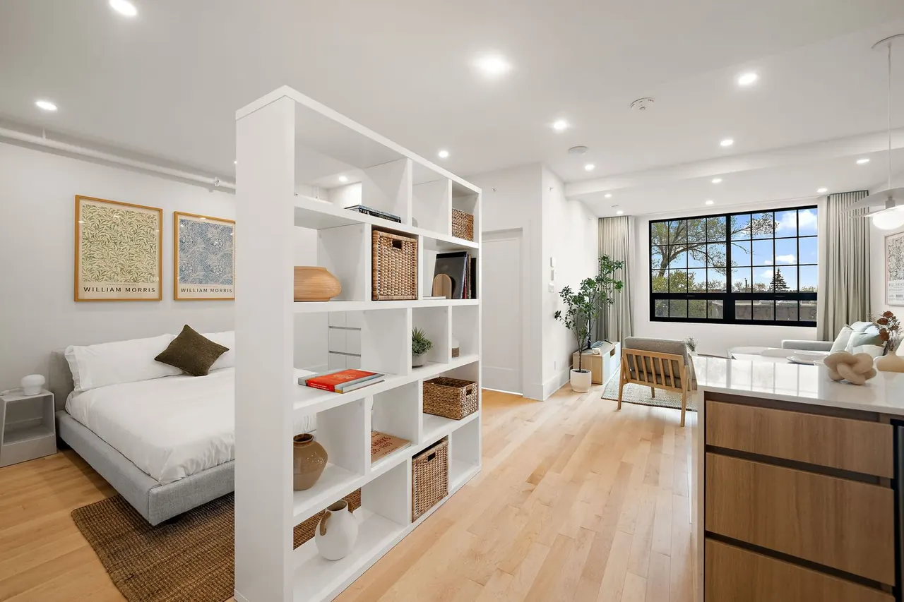 Open-plan studio with shelving divider, bed and living area